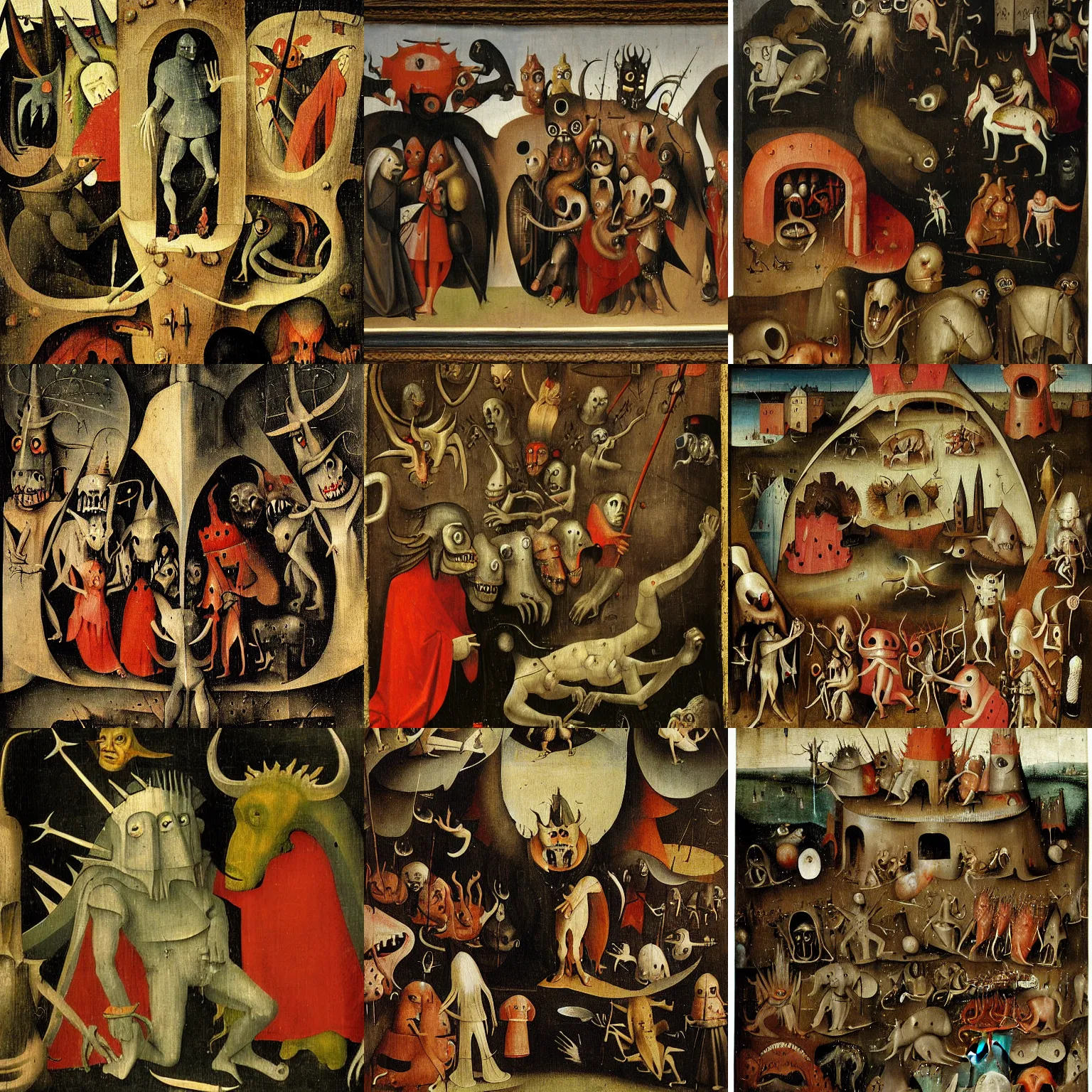 Prompt: a Panel painting of medieval demons and monsters by Hieronymus Bosch