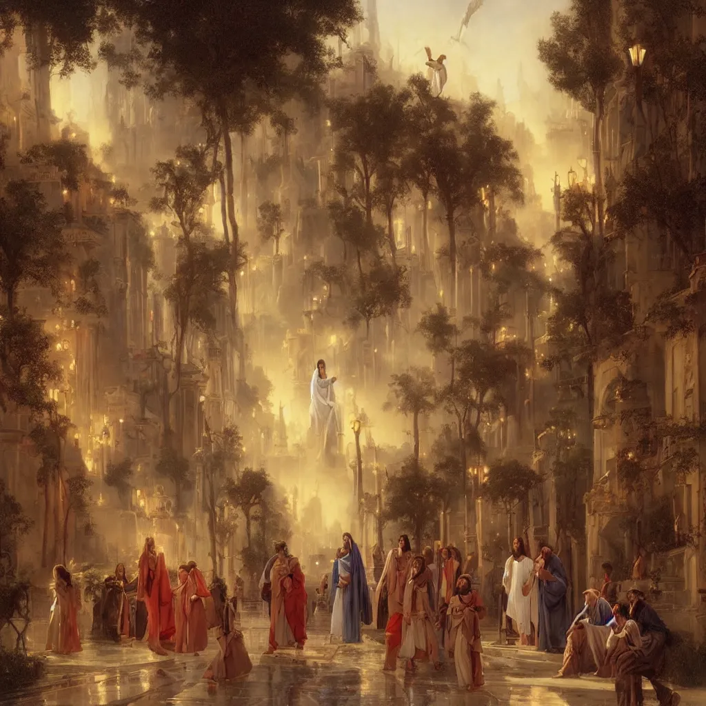 Image similar to jesus tours the streets of hollywood by raphael lacoste and pierre auguste cot and delphin enjolras and daniel f. gerhartz