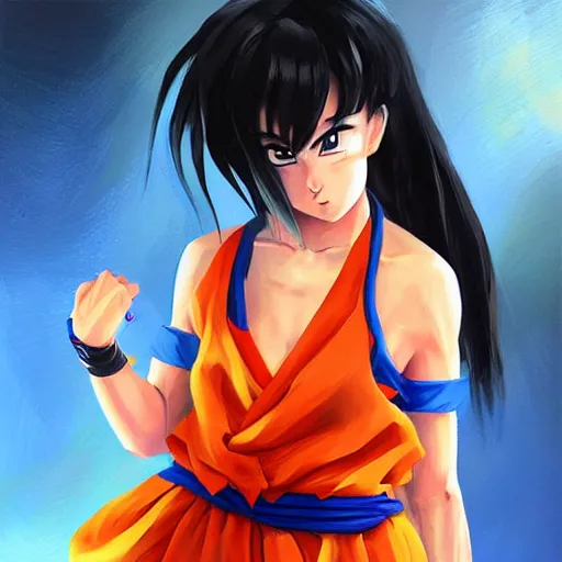 Image similar to kawaii female version of goku, painting by WLOP