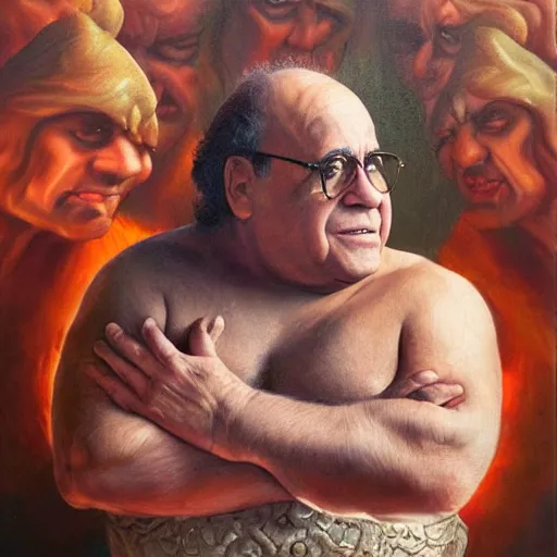 Image similar to danny devito as a greek god, masterpiece oil painting, trending on artstation