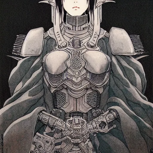 Image similar to prompt : black and white portrait soft light painted by takato yamamoto, enhanced armor, inspired by ghost in shell anime, smooth face feature, intricate oil painting, high detail, sharp high detail, manga and anime 1 9 8 0