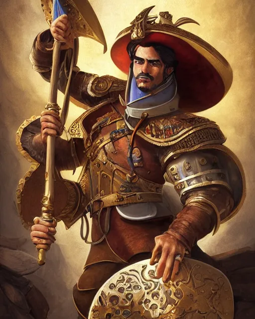 Prompt: digital painting of a pompous spanish conquistador by filipe pagliuso and justin gerard, symmetric, detailed, intricate, anatomy, facial features, digital painting, treasure planet color scheme, sharp focus, tarot card