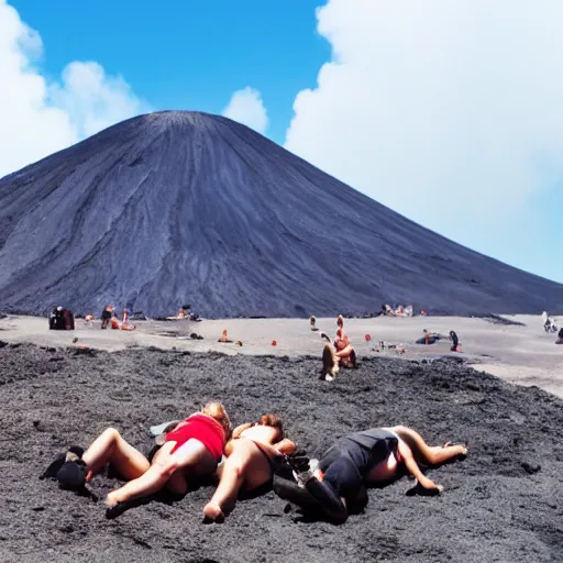 Image similar to people sunbathing on a volcano, lava, magma, smoke, steam, smoldering rocks