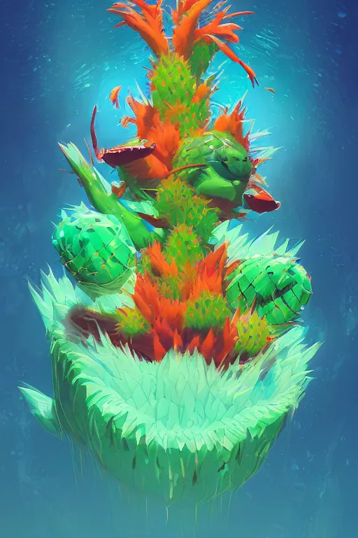 Image similar to 3 d render creature animal sushi cristal very big eye roots cactus elemental flush of force nature micro world fluo fishscale, comics gta 5 cover, official fanart behance hd artstation by jesper ejsing, by rhads, makoto shinkai and lois van baarle, ilya kuvshinov, ossdraws