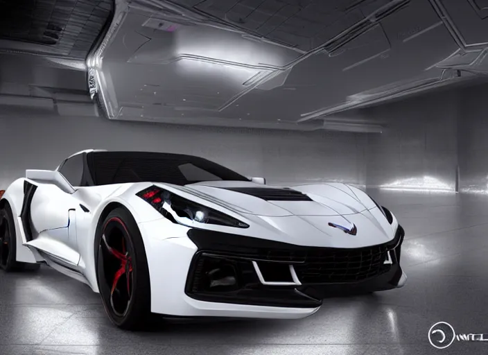 Image similar to hyperrealism, detailed textures, photorealistic 3 d render, a photorealistic futuristic 2 0 3 9 corvette stingray concept car with a blazing pearl white colour scheme, sharp focus, ultra realistic, ultra high pixel detail, cinematic, intricate, cinematic light, concept art, illustration, art station, unreal engine 8 k