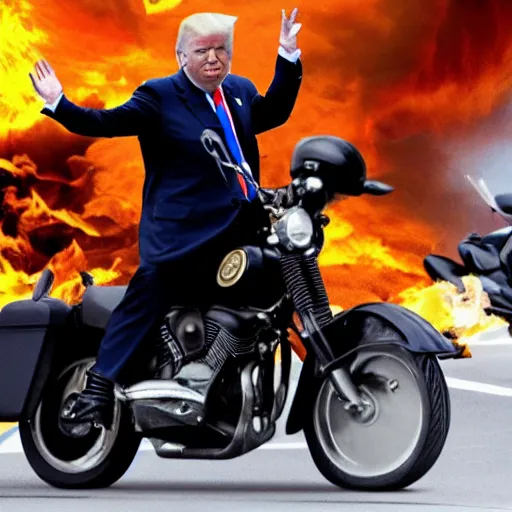Image similar to Donald trump in a fire-y landscape, riding a motorbike without the helmet on