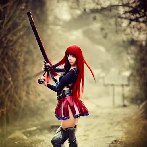Prompt: dslr, beautiful erza scarlet fighting posing with a sword and wearing a skirt, real photo, real camera, extreme detailed face and body, high quality, moody lighting, fast paced lines, sharp quality, enchanting, 8 k