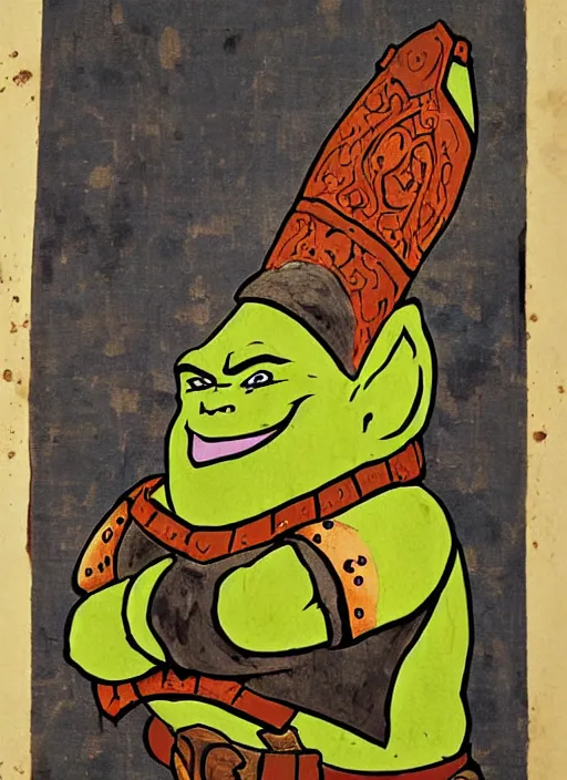 Prompt: medival scroll painting of a Shrek in armour from Shrek the movie, fine detail,