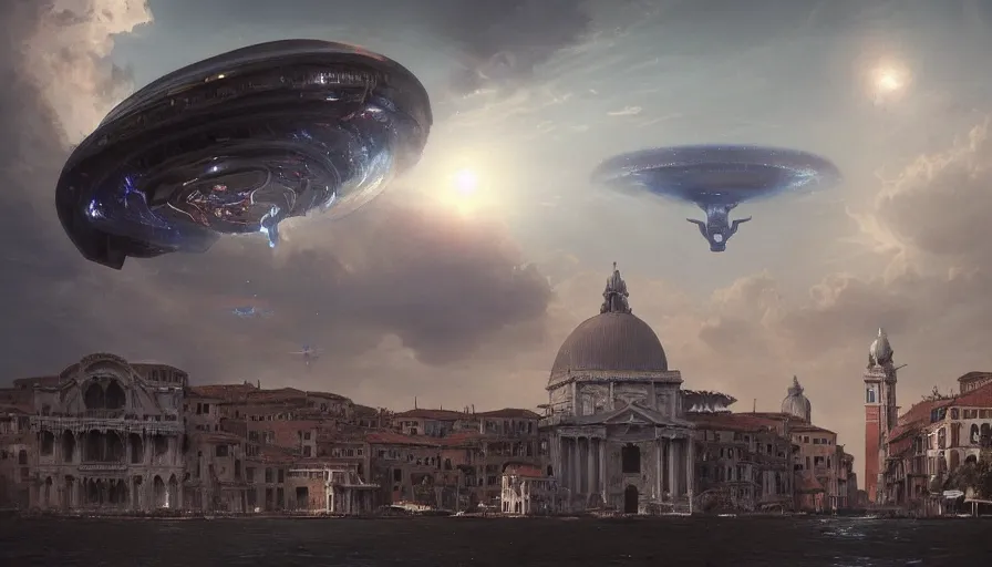 Image similar to a giant alien ufo high tech spaceship eerily hovering on italy venice city landscape with beautiful temples by greg rutkowski, artgerm, ross tran, magali villeneuve, intricate, time travel theme, audince in awe, spectacle, audience sorrounding, award winning, octane render, masterpiece, 8 k, beautiful