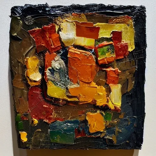 Prompt: oil paint impasto relief, 🍕, surreal, lit from above, multi layered thick brush marks, some splattered paint, in the style frank auerbach and magritte