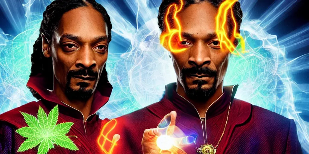 Image similar to snoop dogg as the doctor strange, marijuana leaves, green light, highly detailed, marvel cinematic universe, mcu, photo