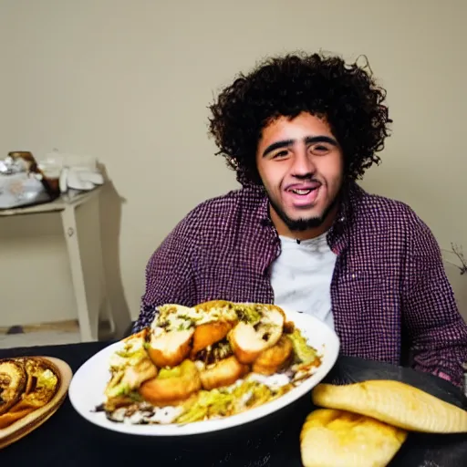 Prompt: curly haired mixed Hispanic 20 year old with a huge underbite looks in awe at a gigantic feast in front of him