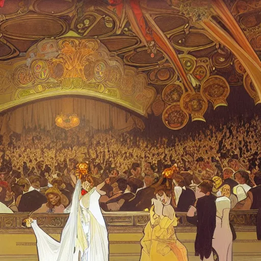 Image similar to painting by alphonse mucha, interior of an opera house with a singer in a white dress on a lighted stage with an orchestra and audience in the hall