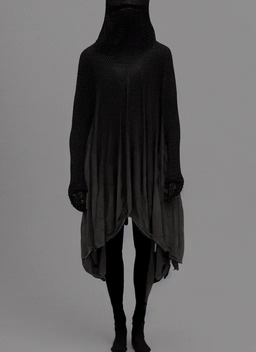 Prompt: high-resolution photograph of ASYMMETRICAL ivory silk balaclava dip-dyed gradient-black, STRAITJACKET straps and industrial hardware, inspired by CRYOTHERAPY, designed by ann demeulemeester and nancy grossman, 8k, hyperrealistic, highly textured, dark volumetric lighting, desaturated
