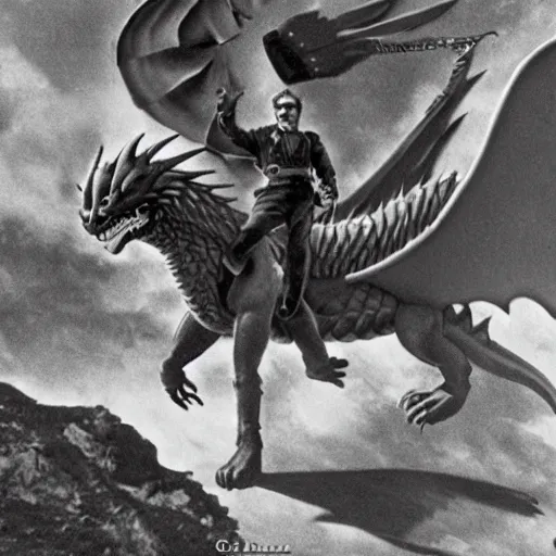 Prompt: photo of Joseph Stalin riding a dragon,