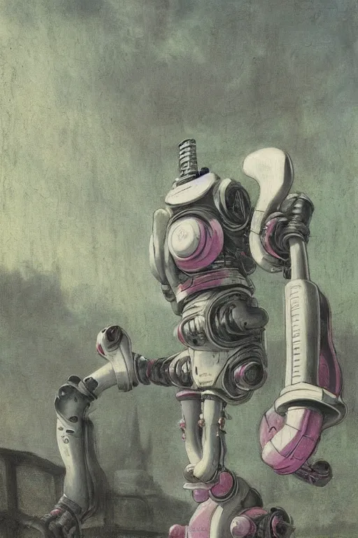 Prompt: a scene with a anime monster that looks like a white plastic industrial robot with fluo colored details covered in pastel colors, moody light, flemish painting