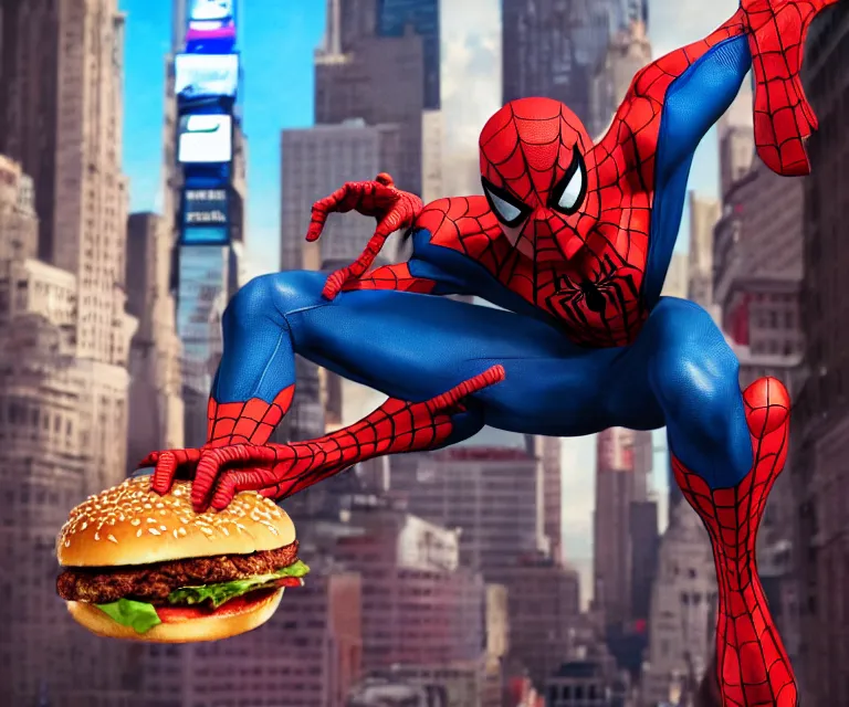 Image similar to spider - man eating a hamburger by artgerm, intricate, face, symmetrical eyes, times square cityscape, elegant, beautiful, highly detailed, dramatic lighting, sharp focus, trending on artstation, artstationhd, artstationhq, unreal engine, 4 k, 8 k