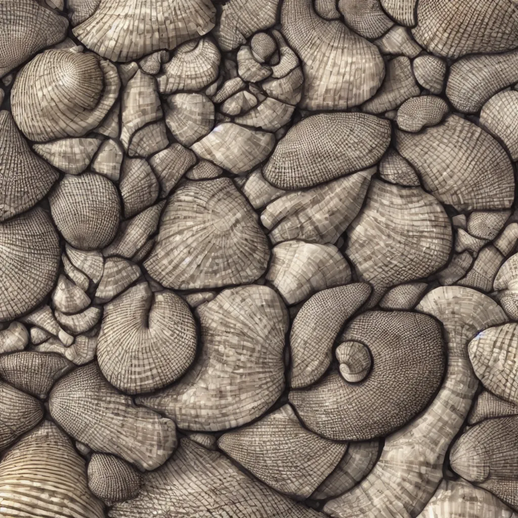 Image similar to geometric complex sea shell designs by ernst haeckel, closeup, realistic cinema 4 d render, beach sad background, clear focus, very coherent, very detailed
