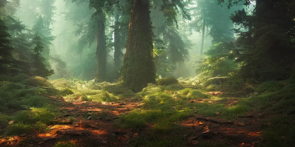 Image similar to a forest, oil painting, cinematic angle, hyperrealistic, volumetric lighting, dynamic, Studio Ghibli, digital art, octane render, post-processing, beautiful composition, trending on artstation, masterpiece