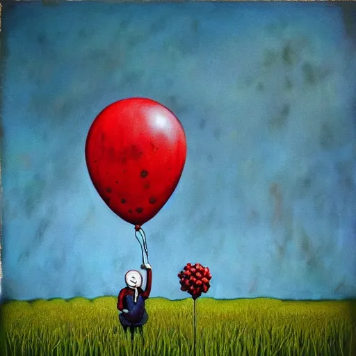 Image similar to grunge painting of a cornfield with a wide smile and a red balloon by chris leib, loony toons style, pennywise style, corpse bride style, horror theme, detailed, elegant, intricate, conceptual, volumetric light