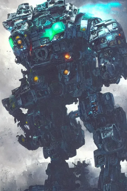 Image similar to ink acid shadow mech warrior, painted by erol otus and david thierree and dan adkins and john berkey, trending on artstation, volumetric lighting macro view muted colors, iridescent colors, dark academia, symbolism, brushwork