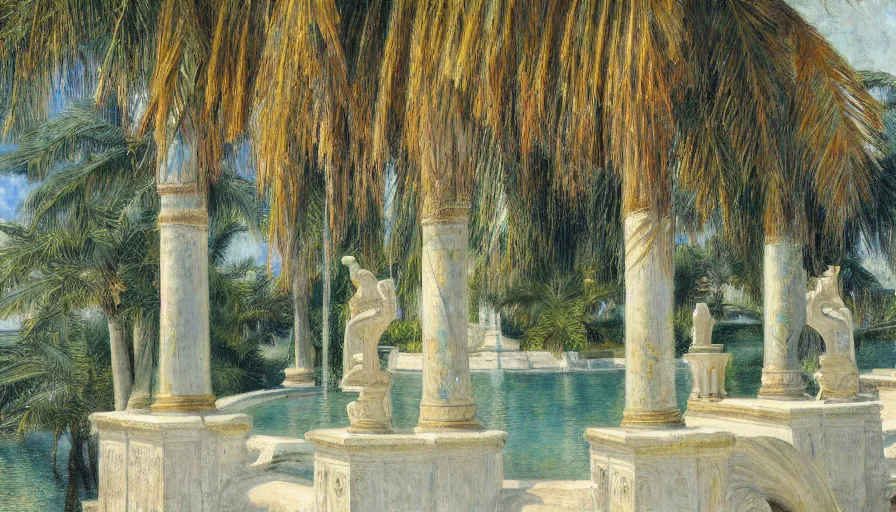 Prompt: a ultradetailed beautiful painting of an old fountain in the amazonas palace balustrade designed by jules bastien - lepage, tarsila do amaral, frank weston and gustave baumann, beach, trending on artstation, mediterranean, palm trees, sharp focus, soft light, 8 k 4 k