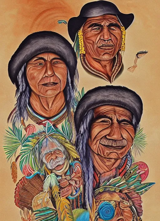 Prompt: portrait of an indigenous amazonian grandfather and grandmother in the clouds, smiling, protection, benevolence, ancestors, detailed faces, art by artgem