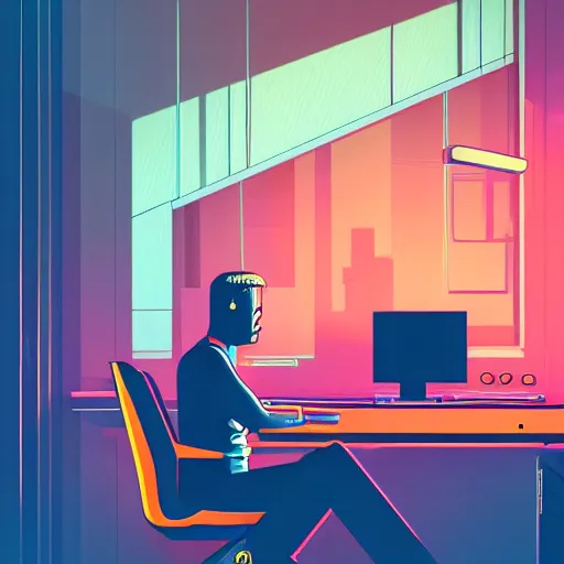 Image similar to a man sitting at a desk in front of a computer, cyberpunk art by james gilleard, behance contest winner, computer art, retrowave, darksynth, synthwave