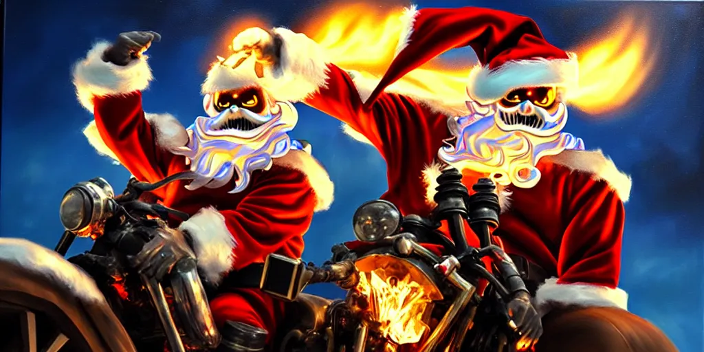 Prompt: ghost rider santa claus have time traveled to warn you from something, dramatic lighting, oil painting