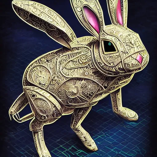 Image similar to rabbit robot, digital art, pokemon card, pokemon card, product - view, 2 - dimensional, 2 d, 4 k, insanely detailed and intricate, hypermaximalist, elegant, ornate, hyper realistic, super detailed