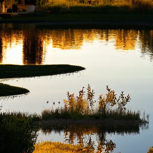 Image similar to reflective pond in the backyard of a millionaire mansion, golden hour, 8 k