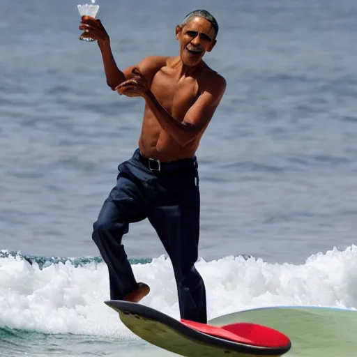 Image similar to barack obama surfing 1 0 0 0 foot wave with a margarita in his hand