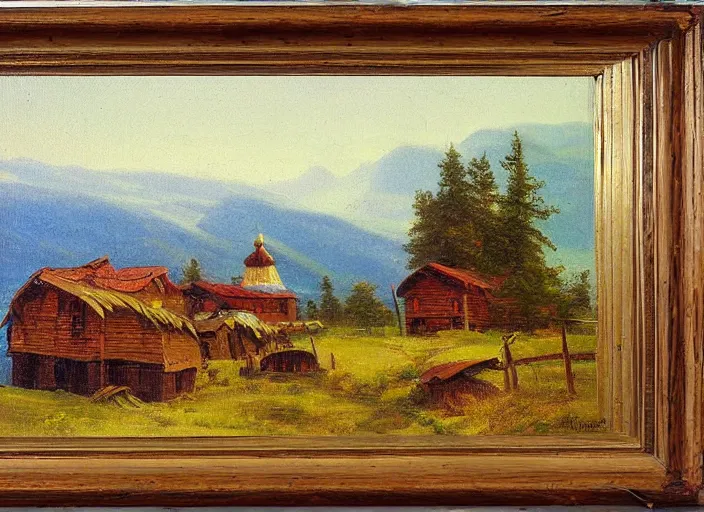 Prompt: the small wooden villages of siberia, russia in the style of hudson river school of art, oil on canvas