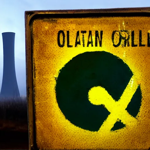 Image similar to oil painting of a small sign showing a radioactive symbol, in the background there is a cooling nuclear tower with lots of steam, the sky is green and yellow