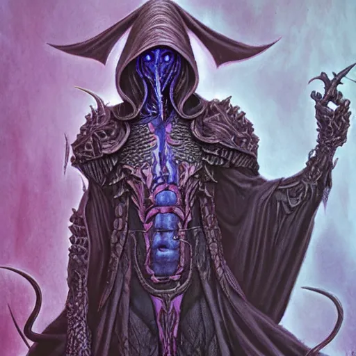 Prompt: photo of a cenobite lich illithid drow dark elf sorceror necromancer leather by wayne barlowe