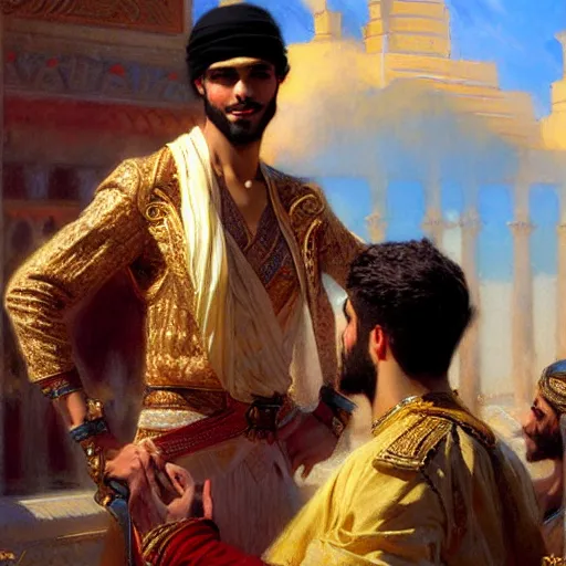 Image similar to attractive arab king confesses his love for his attractive male prince. highly detailed painting by gaston bussiere, craig mullins, j. c. leyendecker