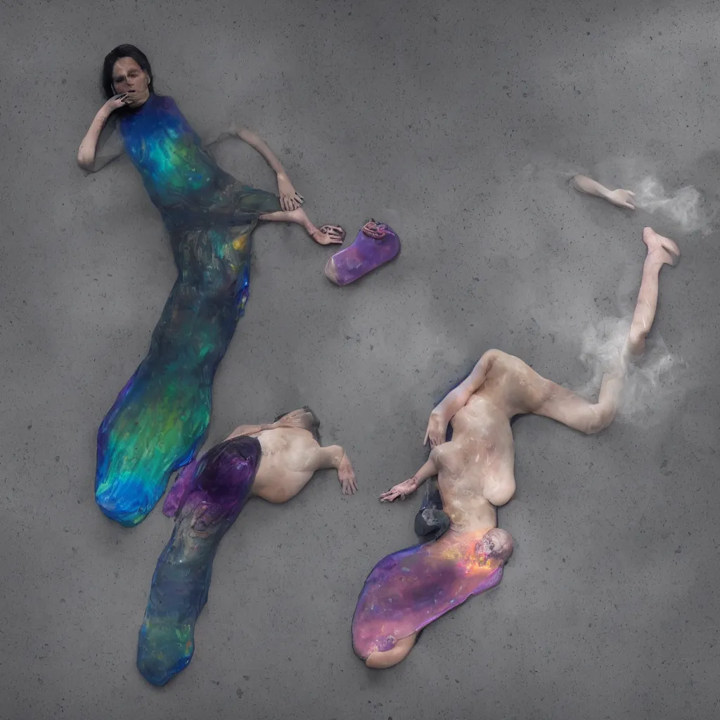 Image similar to overhead view of iridiscent oil slick and eroded stones and organs in wax with a woman's corpses connected by a transparent pipe to a baby buried relaxing on yoga mat, faded, gradient, fog, smoke, depth of field, ultra realistic, very detailed, glitch, by nadav kander and hans bellmer, 8 k hyper realistic detailed cinematic