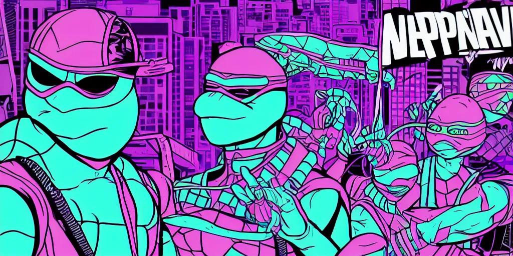 Prompt: vaporwave, vector graphics, teenage mutant ninja turtles, synthwave, nyc, neon, portrait, closeups