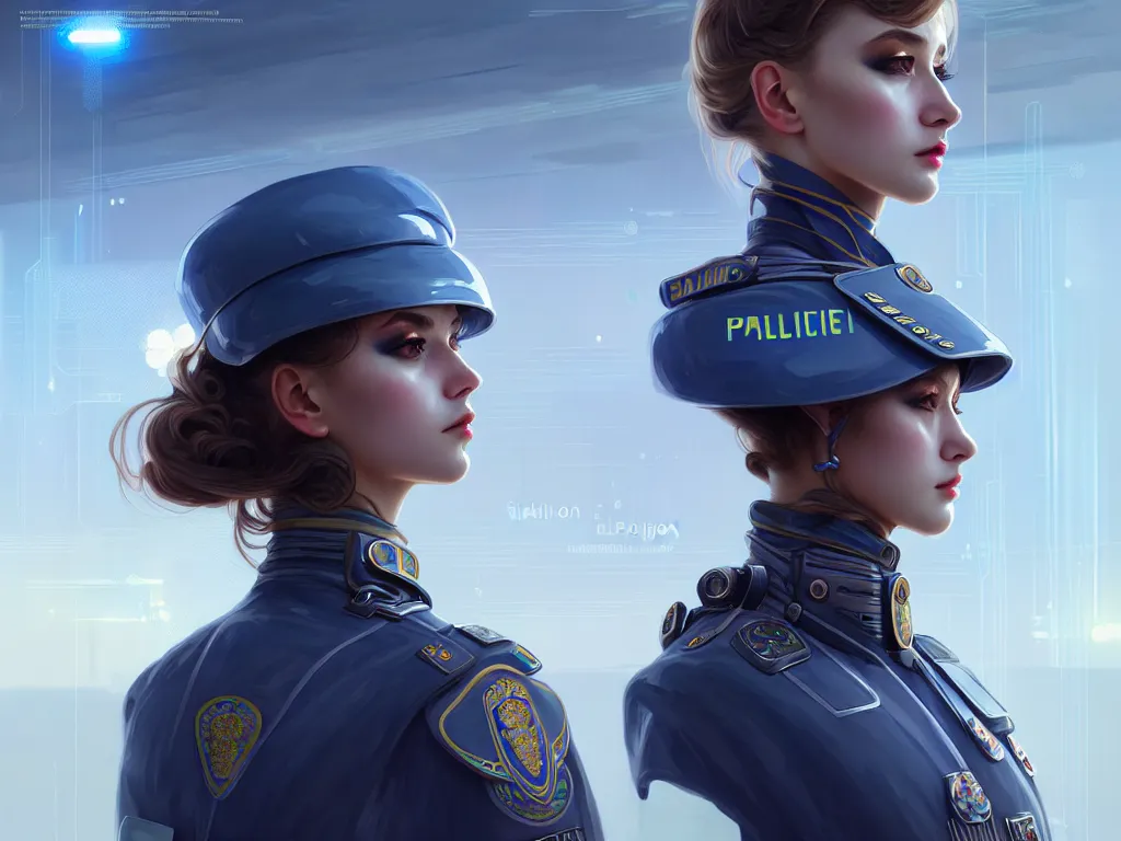 Prompt: portrait futuristic ukraine police uniform girl, at future neon light rooftop, ssci - fi and fantasy, intricate and very very beautiful and elegant, highly detailed, digital painting, artstation, concept art, smooth and sharp focus, illustration, art by tan zi and ayanamikodon and alphonse mucha and wlop