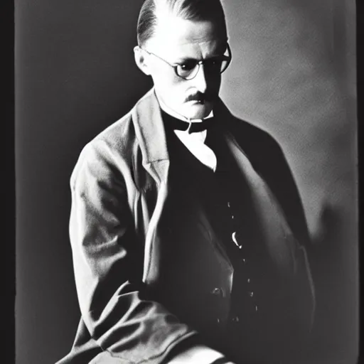 Prompt: james joyce as dracula, black and white, photograph