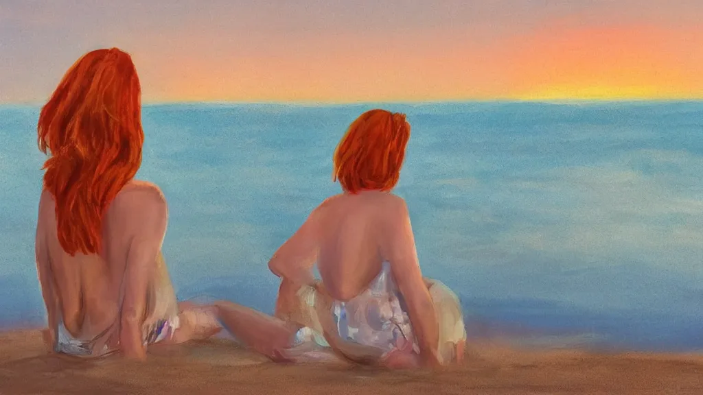 Prompt: tall redhead woman watching the horizon in summer evening heatwave, luminism art