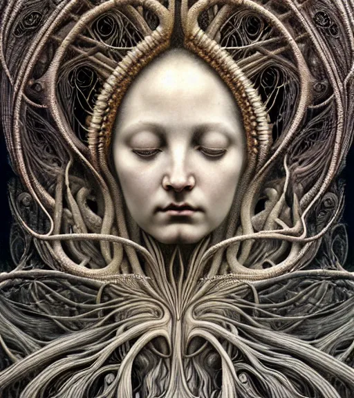 Image similar to detailed realistic beautiful solstice goddess face portrait by jean delville, gustave dore, iris van herpen and marco mazzoni, art forms of nature by ernst haeckel, art nouveau, symbolist, visionary, gothic, neo - gothic, pre - raphaelite, fractal lace, intricate alien botanicals, ai biodiversity, surreality, hyperdetailed ultrasharp octane render