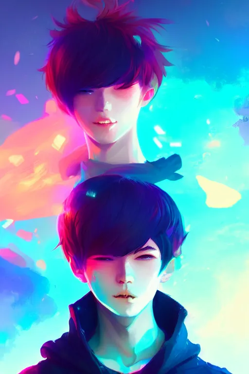 Image similar to a boy looks like meguro ren, blurred environment background, colorful magic effects, white skin, portrait, male, clothed, sharp focus, digital art, concept art, trending on artstation, dynamic lighting, by emylie boivin and rossdraws