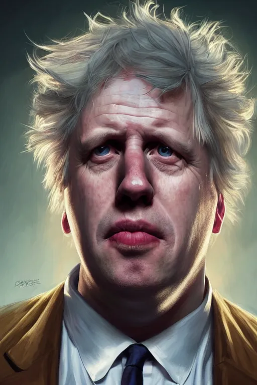 Image similar to Boris Johnson as Rick Sanchez, realistic portrait, symmetrical, highly detailed, digital painting, artstation, concept art, smooth, sharp focus, illustration, cinematic lighting, art by artgerm and greg rutkowski and alphonse mucha