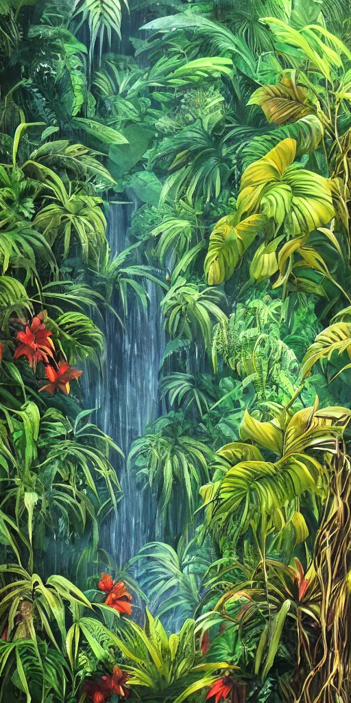 Image similar to deep in the jungle with exotic plant life, tropical plants, natural botanical gardens, vines, acrylic painting, artstation, concept art, award winning,