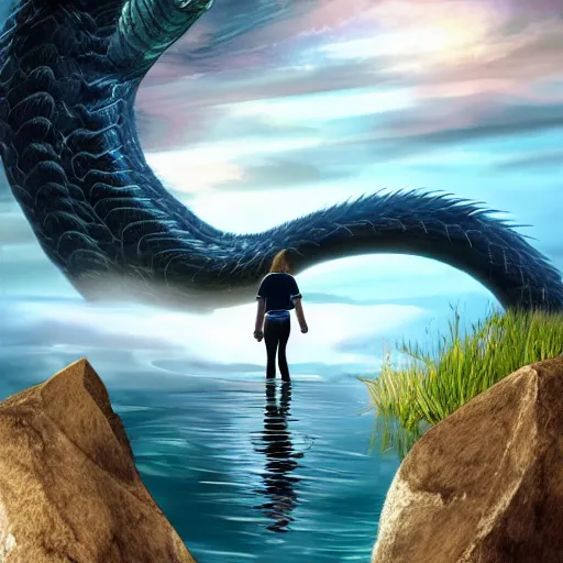 Prompt: a dramatic digital art of a teenage boy with long hair standing on the edge of a cliff over looking water, coming out of the water is a giant serpent water monster looming over the boy with it's mouth open