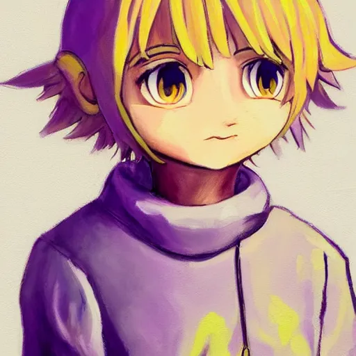 Image similar to little boy wearing an tunic, blonde hair. purple and yellow color palate, detailed soft painting, made in abyss art style, anatomically correct