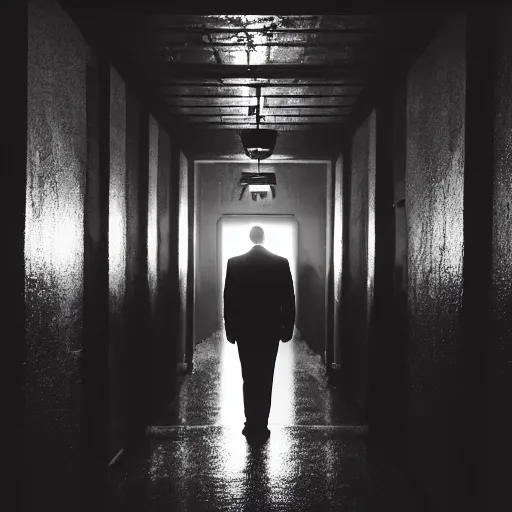 Image similar to Ted Cruz standing at the end of a long, narrow corridor, black and white, creepy lighting, foggy atmosphere, scary, horror, ornate, eerie, fear