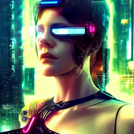 Prompt: beautiful cyberpunk woman with augmented eye implants, portrait shot, wires, cyberpunk, dramatic light, cyberpunk city in the background, movie illustration, poster art by Drew Struzan