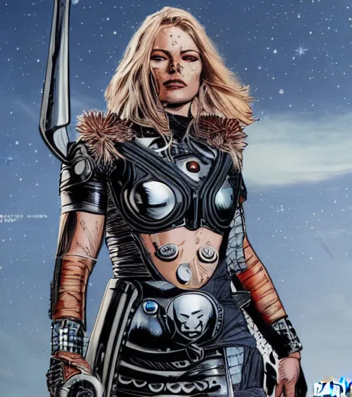 Prompt: HD photograph of Viking female android, by MARVEL comics and Sandra Chevrier, 4k